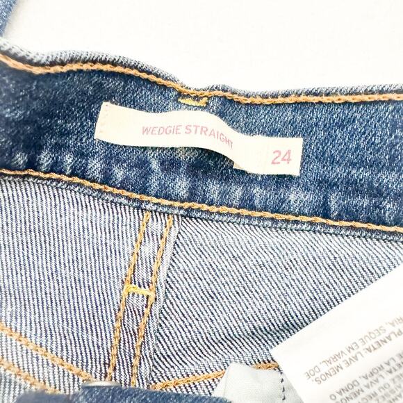 Levi's Wedgie Straight Dark Wash Button Fly Denim Jeans Raw Hem Size 24 - Picture 6 of 9